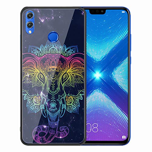 Urhause Tempered Glass Cover Compatible with Huawei Honor 8X Case Glossy Mirror Case Ultra Thin Starry Sky Hard Cover Elephant Tempered Glass + Soft Silicone Skin Cover Bumper Anti-Scratch Cover