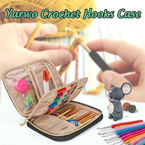 Yarwo Crochet Hooks Case, Travel Organizer Case with Multiple Pockets for Various Crochet Hook, Knitting Needles (up to 20cm/8) and Knitting Supplies, Black (Bag ONLY)