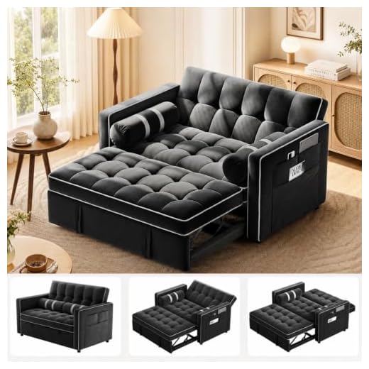 Pipishell 3 in 1 Convertible Sleeper Sofa Bed,Pull Out Couch for Living Room with USB Ports & Side Pockets,Adjustable Backrest,Velvet,Loveseat Sofa Bed,Futon Couches,Black