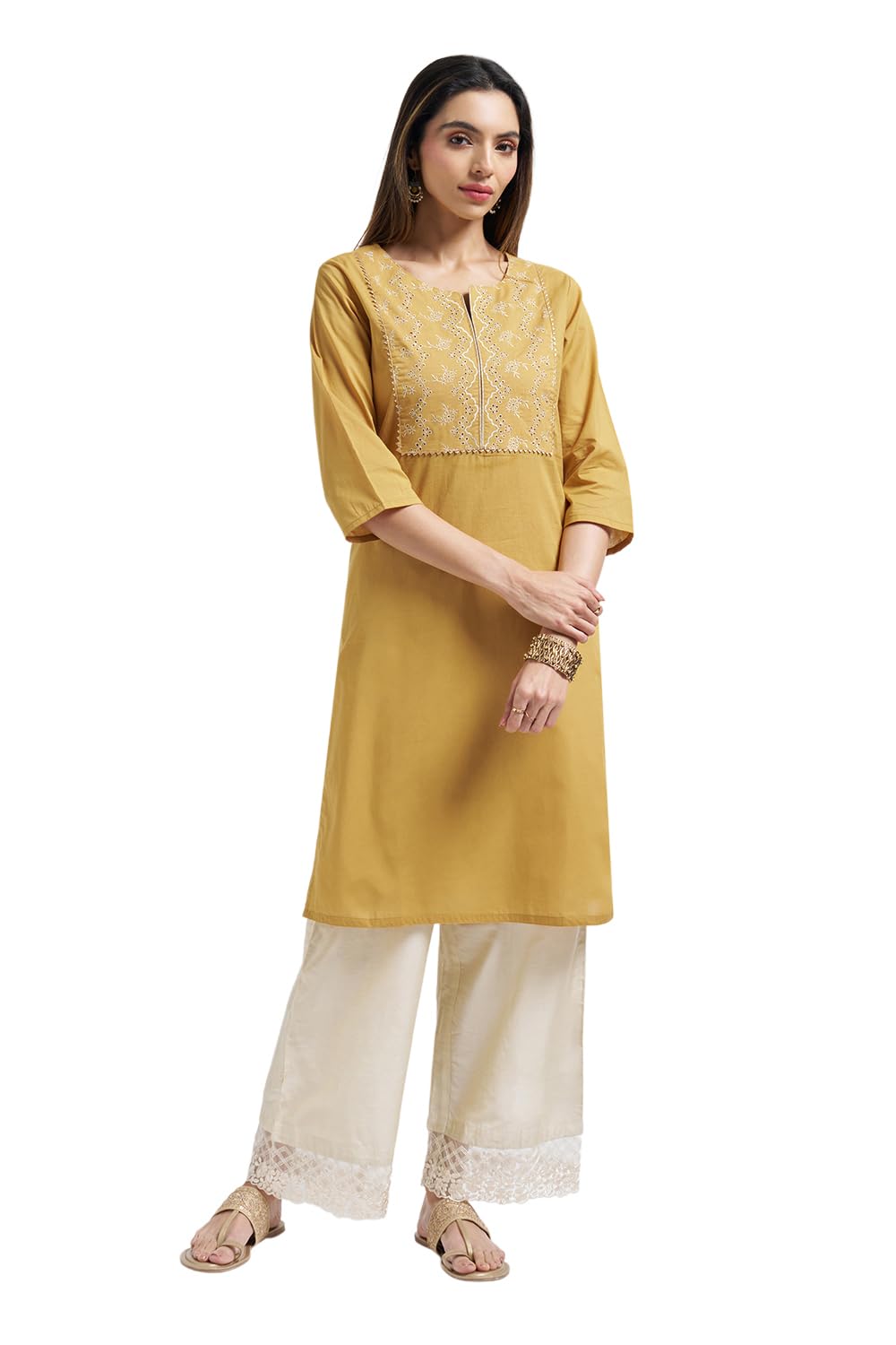 rangmanch by pantaloons Women's 100% Cotton Kurta | Regular Fit | Round Neck | 3/4 Sleeve | Knee Length-picture-17