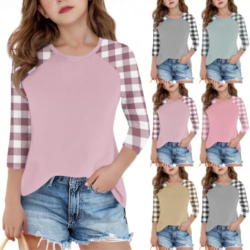 Girls Color Block Raglan T-Shirts Kids Plaid Patchwork Long Sleeve Loose Crewneck Top Tops Basic Casual Tees for 4-15 Years2