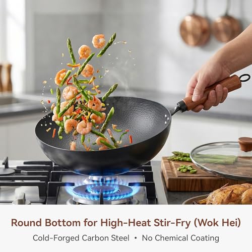 Image of WANGYUANJI 11 Inch Round Bottom Iron Wok, Hand-Hammered Uncoated Wok with Wooden Handle, Traditional Stir-Fry Pan for Gas Stove or Wok Ring, Not for Flat Cooktops