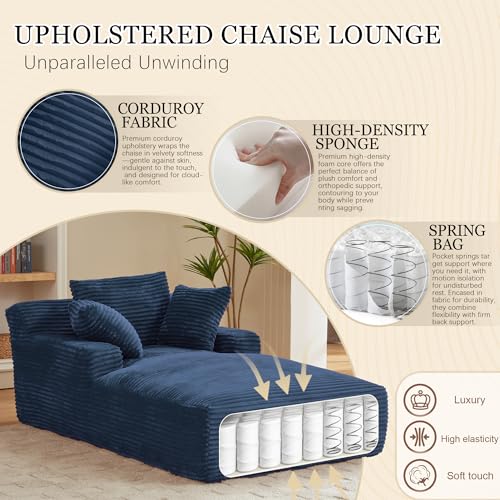 Image of 80 Inch Chaise Lounge Chair Indoor, Oversized Corduroy Upholstered Boneless Sofa Bed, Deep Seat Sleeper Couch Reading Chairs, Cloud Sofas Couches for Living Room, No Assembly Required (Blue)
