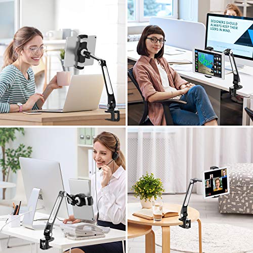 AboveTEK Sturdy iPad Holder, Aluminum Long Arm iPad Tablet Mount, 360° Swivel Tablet Stand & Phone Holder with Bracket Cradle Clamps 4-11" Devices for Kitchen Bedside Office Desk Showcase Display