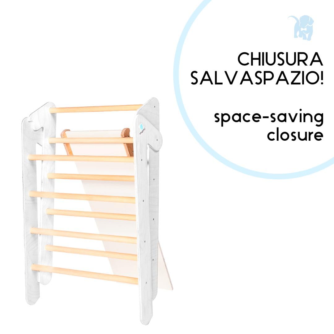 mamikids - Arrampicata per Bambini Richiudibile in Legno Naturale 70x60cm, Triangolo con Scivolo per Bambini 1-5 Anni, Giochi Educativi Montessori - Made in Italy, Bianco