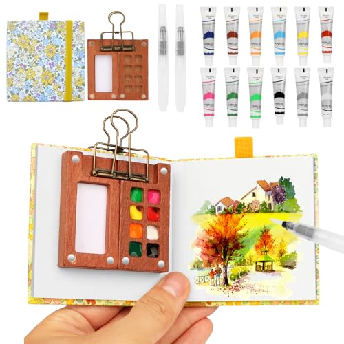 Pocket Aquarell SetMini Aquarell Travel Set mit Binder-Clips Mini Aquarellkasten Wood Pocket Artist Aquarell-reiseset Skizzenbuch Palette Set 8 Grids für Maler Künstler StudentenGelb