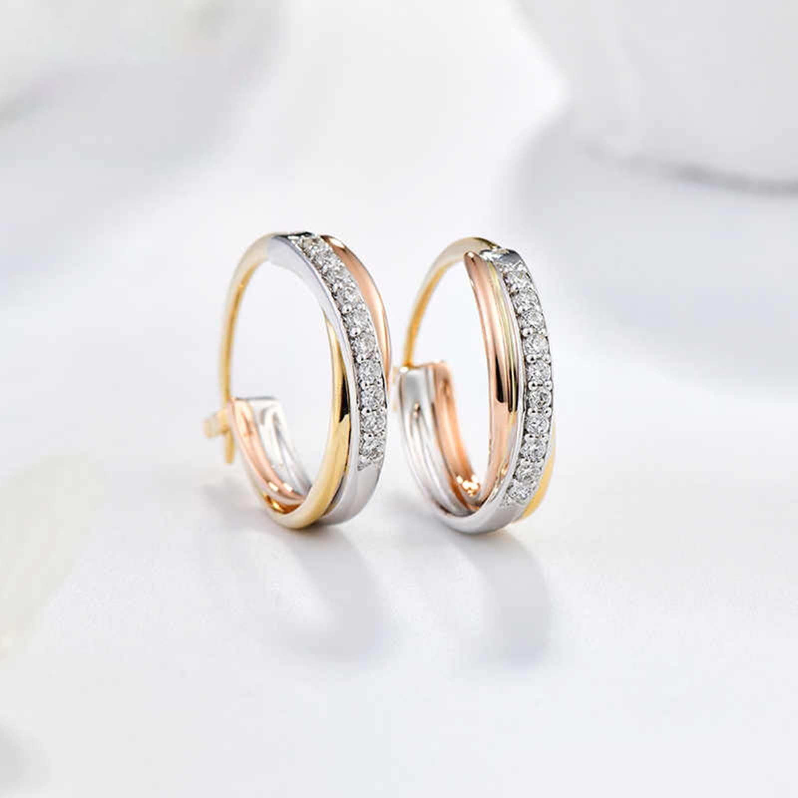 KnSam 18K 750 Gold Creole Hoop, 0,14 ct laboratorium stworzone diamenty kolczyki damskie trójkolorowe, duże, okrągłe szlif biały, prawdziwe kolczyki Boho, żółte złoto Au750