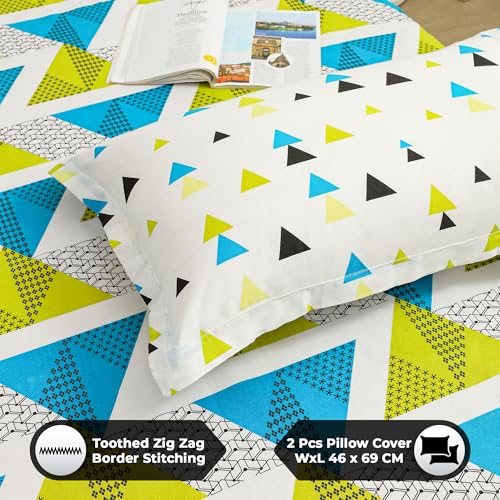 Image of Story@Home 144 TC Cotton Queen Size Bedsheet 88 x 100 Inche Geometric Printed Soft Flat Sheet with 2 Pillow Covers 18 x 28 Inch -Green & Blue