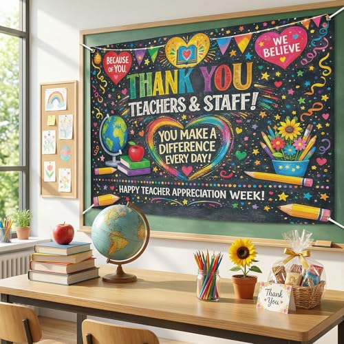 Image of Teacher Appreciation Decorations - Thank You Teachers Teacher Appreciation Week Photo Booth Backdrop Decorations | Teacher Appreciation Banner for Classroom, School Office Decor, Photo Booth Props Background