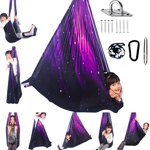HiCamer Sensory Swing for Kids Indoor and Outdoor Therapy Cuddle Swing Snuggle Hammock Chair Holds up to 300 lbs with Hardware Hanger Kit For Aspergers Autism ADHD (Space Purple)