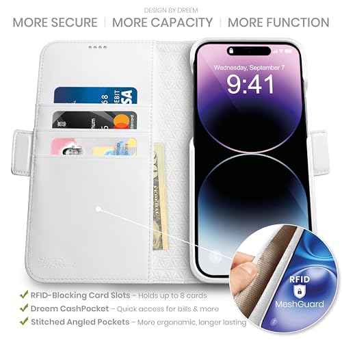 Image of dreem Fibonacci Compatible with iPhone 14 Pro Max Wallet case / 2-in-1 Shockproof case and Detachable Vegan Leather Folio, MagSafe Compatible, RFID Protection [White]