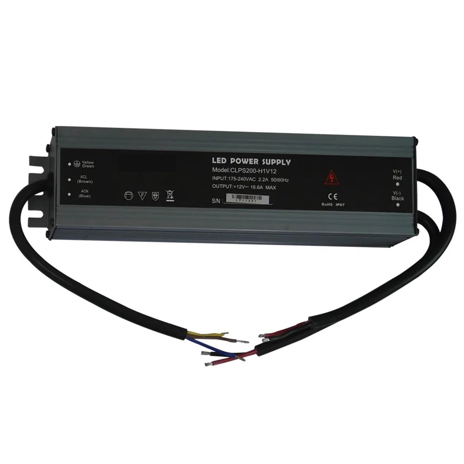 Fuente de alimentación for tira LED impermeable IP67, 45 W/60 W/100 W/120 W/150 W/200 W/250 W/300 W, 175 V~240 V a CC 12 V/24 V.