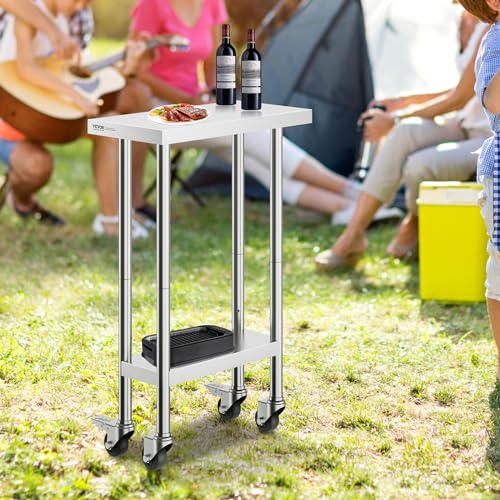Image of VEVOR Stainless Steel Work Table 24 x 12 x 38 Inch, 500 LBS Load Capacity with 4 Wheels, 3 Adjustable Height Levels, Heavy Duty Food Prep Worktable for Commercial Kitchen Restaurant, Silver
