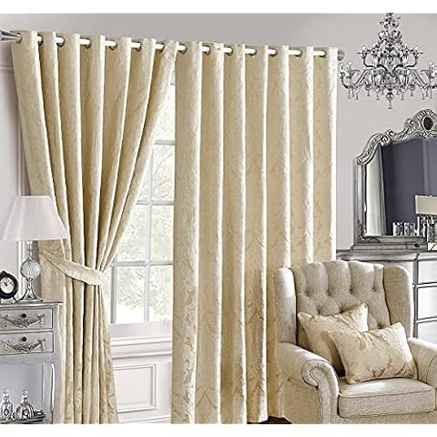 Jacquard Curtains Ring Top Eyelet Curtain Pair Floral Beige Cream Fully Lined With Tiebacks (Beige, 66 x72 inch) Cover
