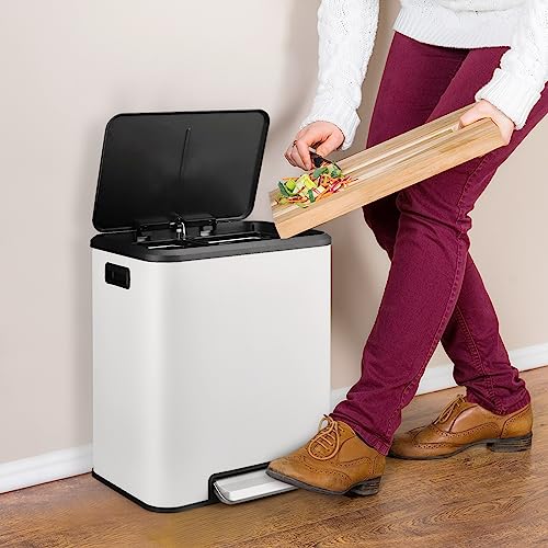 Image of GAOMON 30 Liter /8 Gallon Trash Can, Rectangular Hands-Free Dual Compartment Recycling Kitchen Step Trash Can with Soft-Close Lid, Stainless Steel Garbage Can with 2 x 15L Inner Buckets, White