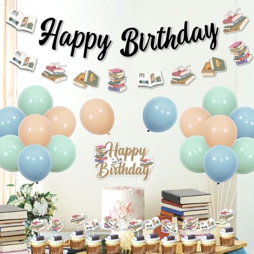 Image of Storybook Theme Birthday Decorations, Book Happy Birthday Banner Cake Cupcake Topper Storybook Sign Latex Balloons, Library Reading Book Club Bday Back to School Party Decor Supplies