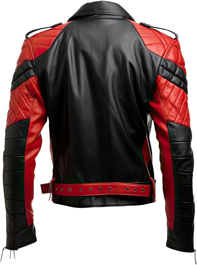 Mens red and black faux leather biker jacket, Asymmetric Lapel Collar Quilted Outerwear Jacket for mens2
