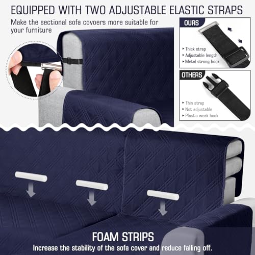 Image of TAOCOCO Waterproof Sectional Couch Covers L Shaped Sofa Covers Chaise Lounge Cover 3pcs Reversible Sofa Covers for Sectional Sofa Pet Kids Furniture Protector with Elastic Straps(Large, Navy Blue)