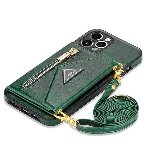 Étui portefeuille en cuir iPhone 14 Pro vert, idéal pour voyager léger sans s'encombrer