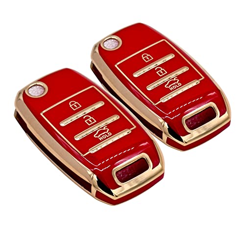 Image of KMH TPU Gold Car Smart Key Cover Compatible for Kia Seltos and Sonet 3 Push Button Smart Flip Key Shell Case Holder, Full Key Protection (Red Gold) Pack of 2