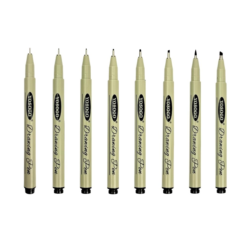 Yosogo Fineliner Drawing Pens – Set of 8 Black Artist Pens with Assorted Tip Sizes (0.03mm, 0.2mm, 0.4mm, 0.8mm, 1.0mm, 2.0mm, 3.0mm & Brush) for Sketching, Journaling & Technical Drawing