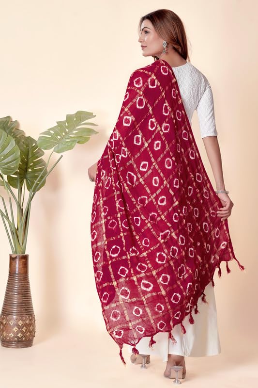 Image of Women Bandhani Dupatta | Traditional Chunri Print with Decorative Border | Lightweight Ethnic Stole for Festive and Wedding Wear