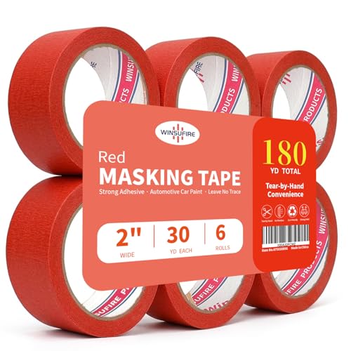 WINSUFIRE Red Masking Tape Colored Painters Tape for Arts and Crafts Spray Painting Masking and Protection Art Supplies for Kids 6 Rolls 2Inch x 30Yards Total 180 Yards. (red)