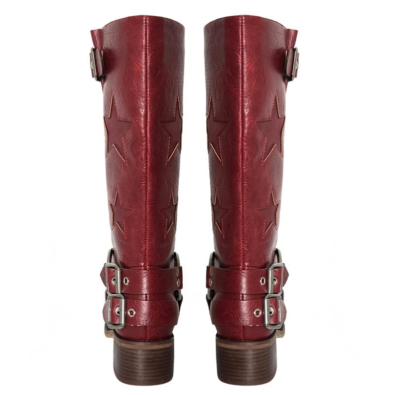 Image of KISTANIA Women's Knee High Riding Boots Square Toe Chunky Heel Fashion Buckle Belts Cowboy Cowgirl Moto Boots with Stars