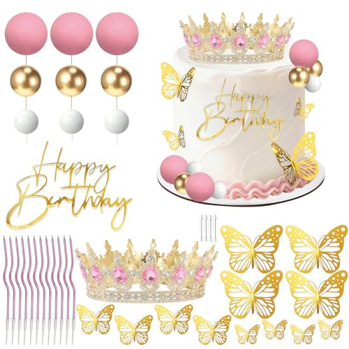 Zosutetoxo Set Décoration Gâteau Anniversaire 25 pièces Couronne avec Boules Papillons et Bougies Or Rose Décorations de Gâteau Cake Topper Anniversaire