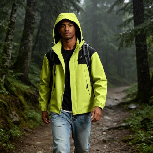Image of Color Block Waterproof Hooded For Men Rain Shell Jacket Windproof Coat With Adjustable Drawcord Hood & Velcro Cuffs Packable Zip Up Hiking Camping And Fishing Outdoor Activities Fluorescent Green S
