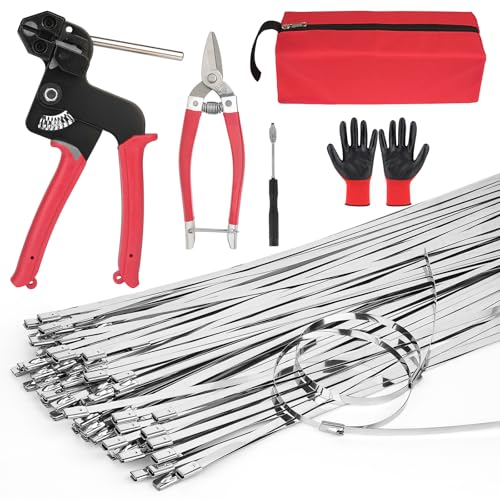 Metal Zip Ties Heavy Duty Outdoor Metal Zip Tie Tool with 100 Pcs 11.8 inch Stainless Steel Zip Ties Adjustable Tension Fastening/Cutting Tool (200LBS) for Industrial/Fence