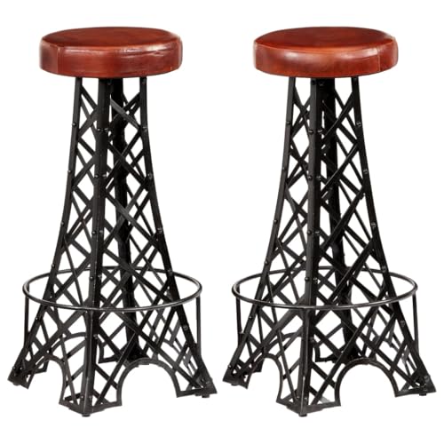 Holepyr Lot de 2 tabourets de bar en cuir véritable marron avec cadre en fer revêtu par pulvérisation - 40 x 40 x 76 cm - Design Tour Eiffel - Chaise haute...