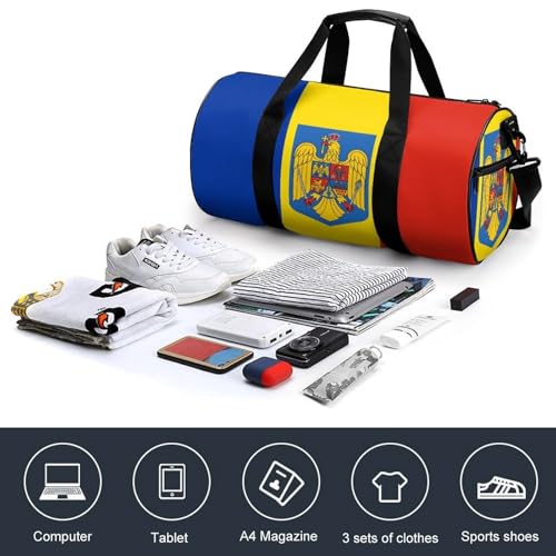 Romania Flag Romanian Coat of Arms Gym Duffel Bag with Shoe Compartments Travel Weekend Overnight Dufflebag4