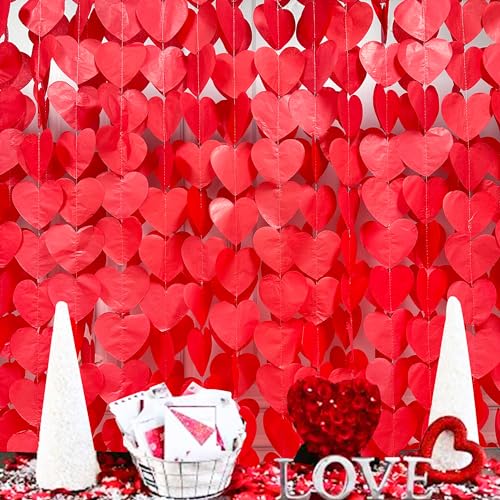 Image of 205 Ft Red Party Decorations Red Heart Backdrop Streamer Tissue Paper Love Heart Hanging Garland for Valentines Birthday Anniversary Engagement Wedding Bridal Shower Hen Party Supplies