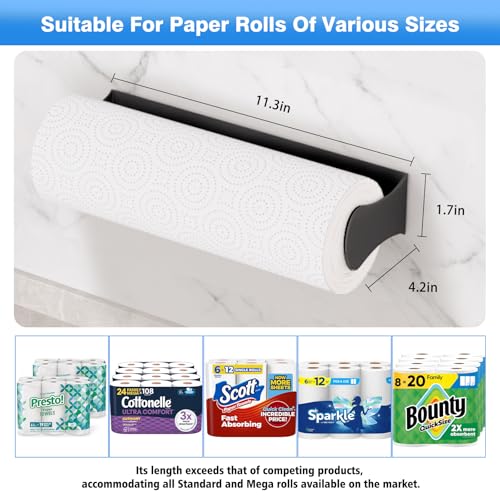 Image of Paper Towel Holder Under Cabinet, Adhesive or Screw Mount, Fits Standard & Mega Rolls, Wall Mount Rack for Kitchen, Bathroom, RV, Black