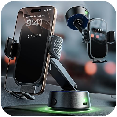LISEN Soporte Movil Coche, Eléctrico Soporte Movil Coche Ventosa, 0.1s de Funcionamiento para Parabrisas/Salpicadero, Compatible con Android, iPhone, Todos los Smartphones y Fundas