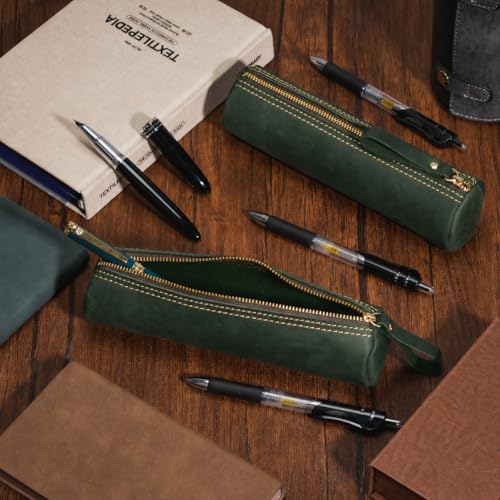 Image of ECHSRT Vintage Leather Pencil Case for Men & Women | Classic Cylinder Pen Holder | Genuine Crazy Horse Leather Pouch | Full-Grain Cowhide Organizer for Work, College, Travel (Green)
