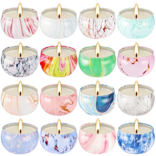 Image of 16-Pack Scented Candles Gift Set for Women - Marble Pattern Aromatherapy Candle with Lids, Natural Soy Wax Travel Tins, Stress Relief Home Scents & Birthday Gifts