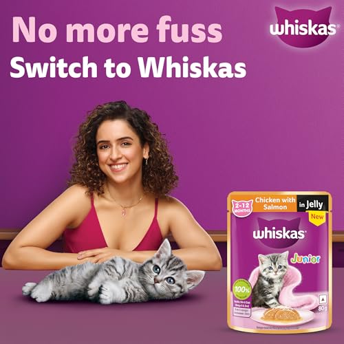 Image of Whiskas Junior Kitten (2-12 Months) Wet Cat Food, Chicken with Salmon in Jelly, 80 g x 28, Hydrating Food Made with Real Fish, 100% Complete & Balanced Nutrition for Kittens