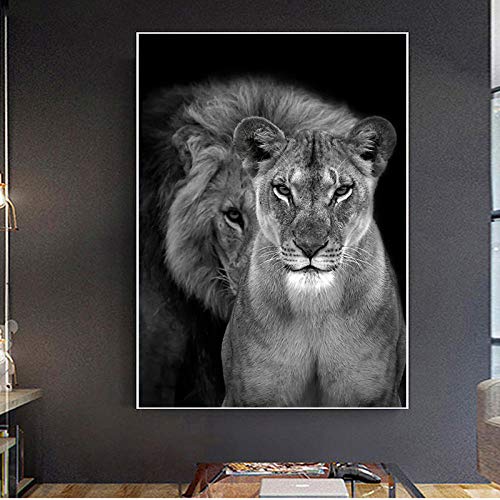 DASHBIG Tigre Lion Animaux Sauvages Peintures sur Toile Poster Moderne Noir et Blanc pour Décoration Salon Maison | 50 x 70 cm Sans Cadre