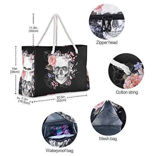 ALAZA Beach Bag, Sugar Skull Floral the Day of Dead Travel Tote Bags for Camping, Exercise3