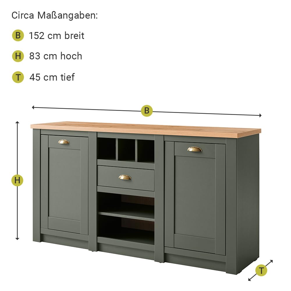 Lomadox Landhaus Wohnwand Set mit Anrichte, grün mit Wotan Eiche, mit Beleuchtung, Regalschrank, Standvitrine, TV-Lowboard, Wandregal und Sideboard