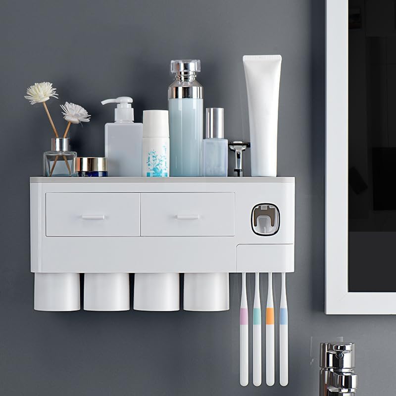Magnetic Toothbrush Holder, Wall Mounted Multi Function Bathroom Storage Rack, Drawer Toothpaste Dispenser with Cup Holder, Drain Water Anti Dust Design (4 Cup Gray