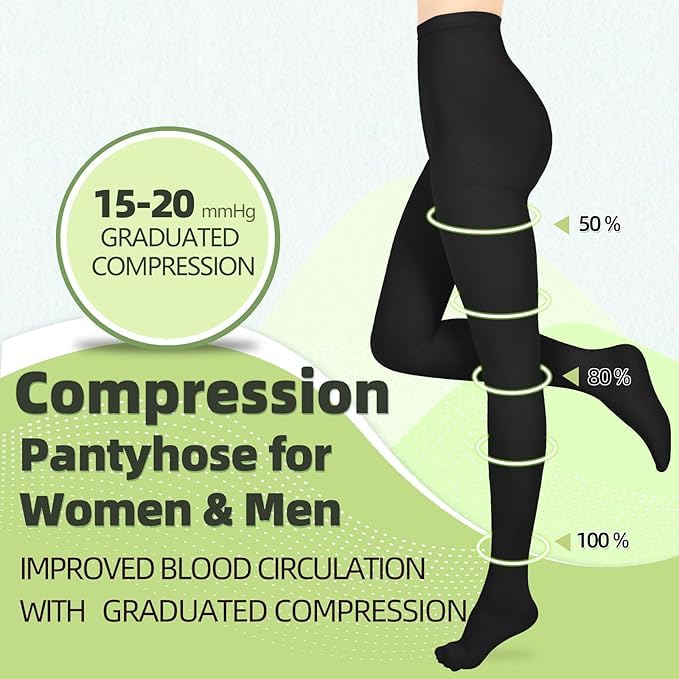 Image of 15-20mmHg Compression Pantyhose Stockings for Women & Men, 2 Pairs | Medical Graduated Compression Leggings Tights, Support Hose for Varicose Veins, Edema, DVT, Lipedema, Swelling
