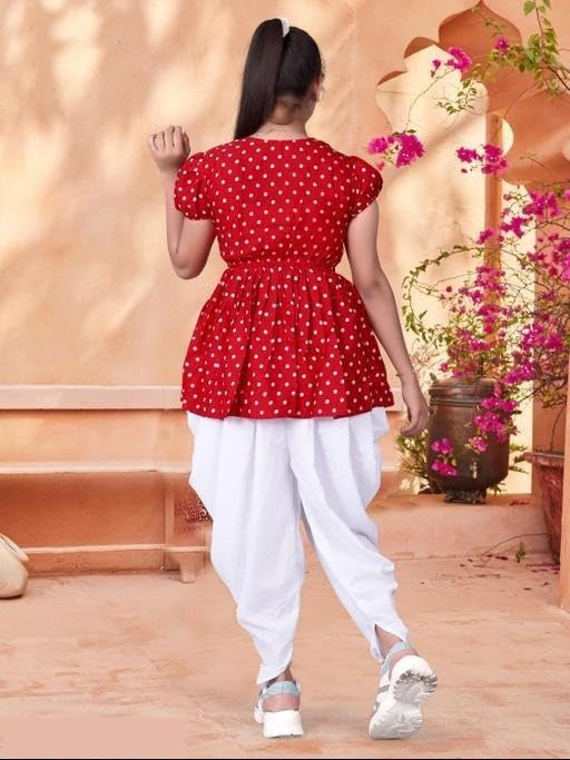 Image of N K Enterprises Kids Printed Short Kurti and Dhoti Pants Set | Festive for Girls
