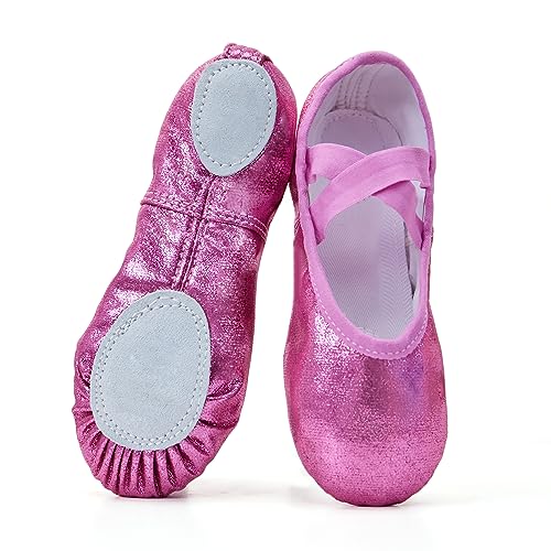 Phineein Girls Ballet Shoes for Girls Split-Sole Toddler Glitter Ballerina Flats for Kids Dance, Rose-Red Toddler 10.5