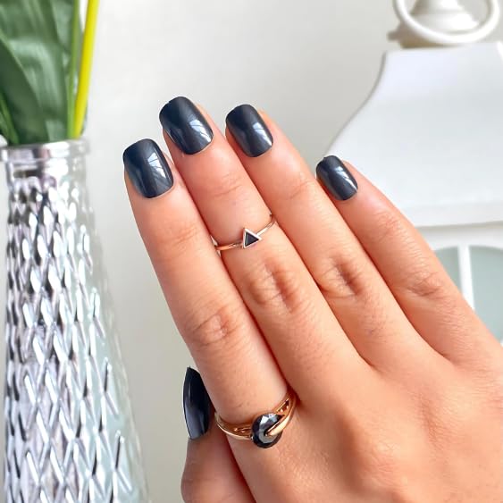 Glossara Deep Charcoal Gray Press-On Nails | Short Square Oval Shape | High-Gloss Solid Color | Reusable Stick-on Nails Kit-image-8
