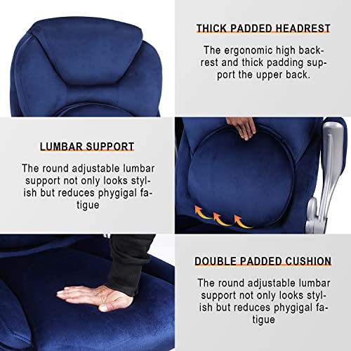 Reficcer Blue Office Chair, Velvet Executive Office Chair With Wheels, 90-120° Rocking Ergonomic Computer Desk Chair With Lumbar Support And Armrests, High Back Swivel Chair, Adjustable Height #TOP4