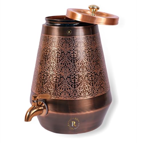 Image of Antique Copper Water Matka - 8L | with Eye Catching Embosed Engraving Design | Copper Water Storage Dispenser with Ayurvedic Health Beneifts | for Home and Offices Purpose
