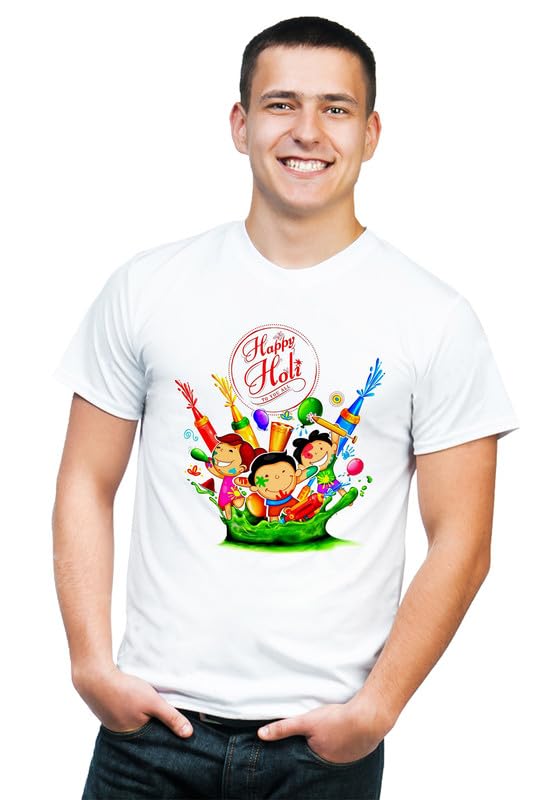 Image of Knitted Polycotton Fabric Regular Fit Men Boys Half Sleeve T-Shirt for Festival of Holi Style 18 White Size : Free